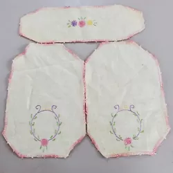 Vintage Hand Embroidered Flower Linen Dresser Doilies With Pink Border. Runner Doily is 13x4. Doilies are 10.5x7....