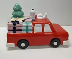 New - Snoopy/Peanuts on Truck cookie jar, container, candy etc. Snoopy laying on top of a truck with tree and presents....