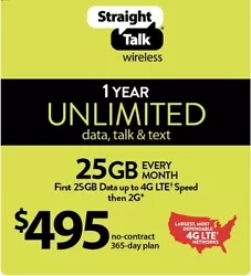 Unlimited Talk,Text and Data First 25GB Data at LTE, then 2G. -The Straight Talk phone number to load the refill is...