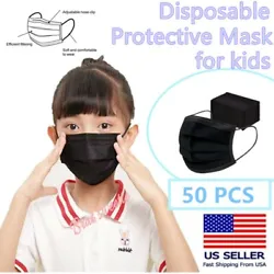 50 Pcs Kids Black (White Inside) Children 3-Ply Disposable Face Mask Earloop Mouth Cover. Masks 3 Layers of Protection...