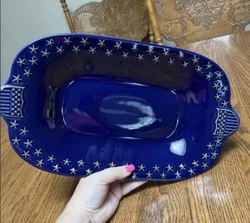 LONGABERGER POTTERY-RETIRED-PROUDLY AMERICAN BLUE STARS/SHIELDS-SERVING TRAY. Condition is Used. Shipped with USPS...