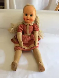 Vintage Doll Plastic Face Cloth Covered Body 16”. Hips have hinge type connection allowing doll legs to move ,see...