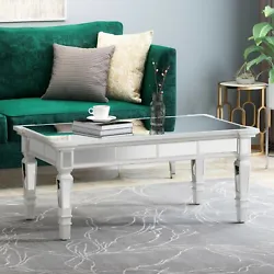 Includes: One (1) Coffee Table. Material: Faux Wood Overlay. Finish: Mirror. Wood Finish: White.