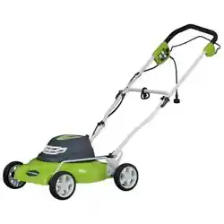 Corded lawn mower. Electric-powered lawn mower has an 18