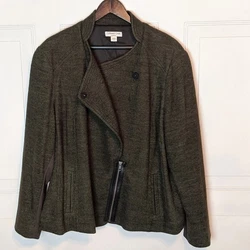 Coldwater Creek Plus size Moto style jacket. Shell is a wool, acrylic cotton blend material. Dark green color.