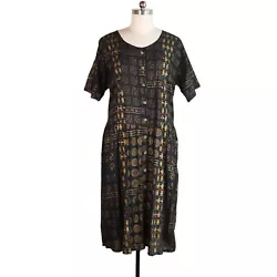 African style print in black, gold, red, green. marked size 1X - fits XL/1X. full button front - attached tie back...