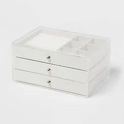 •Acrylic accessory organizer •Features 3 drawers with velvet lining •Top drawer with a ring compartment and 6...