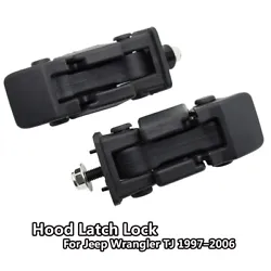 For Jeep Wrangler TJ 1997–2006. 1 Pair of Hood Latches (Left & Right). Material:ABS plastic. No drilling required.