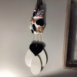 Vintage Glazed Pottery Cat & Heart Wind Chimes Calico Cat Kitty. Bottom pieces have some chips see pictures very cute...