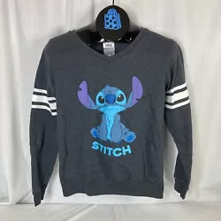 Color: Gray Lilo. Style: Varsity Sleeve Stripes & V Neck. Disney Stitch Soft & Light Sweatshirt. Design: Printed Stitch...