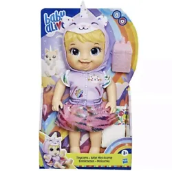 Baby Alive Tinycorn Doll Drinks and Wets with Kitty Cat Hooded Unicorn Dress. The baby has a removable outfit, 1 diaper...