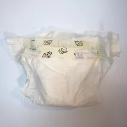 Diaper is unused with tabs intact but rumpled as you see in the photos. And the plastic part across the front with the...