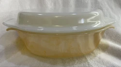 Vintage Fire King 433 Peach Luster Oval 1.5 qt Glass Casserole with White Lid.