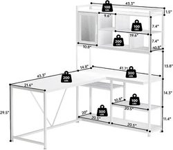 The L shaped computer desk could hold two desktop computers and one notebook computer. The desktop size is 58