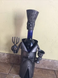 Silver Metal Chef Holding Fork & Chalice Wine Bottle Caddy Vinegar Holder Decor. Gently used looks great on bar or...