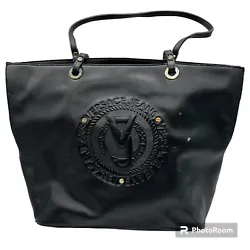 Versace Jeans Black Leather Tote Bag Handbag Purse Big Logo. Bag has wear on the handles, top edges and corners, see...