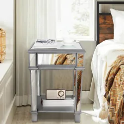 Mirrored End Table with drawers & Shelf Glass Nightstand accent table Side Table.