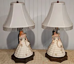 Vintage Porcelain Capodimonte Lamps Pair, Ladies with Original Shade.  One is dark haired and one is reddish. Base to...