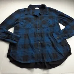 Beach Lunch Lounge blue and black plaid button front shirt with black ruffle in back. Sleeve 23
