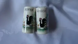 ROOSTER MOTIF SHAKERS. 1 - GINGER. 1 - PEPPER. MADE IN JAPAN. CORKS ARE DRY. LOT OF TWO (2).