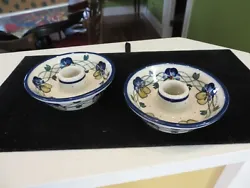This is a set of Polish Pottery Unikat Blue Pansy Candleholders 2 candle holders POLAND 4