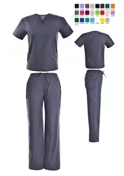6 pocket cargo pants. 1 left chest pocket. All around elastic waist. Set-in sleeves with side slits. Basic V-Neck top.