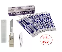 ITEM: 10 DISPOSABLE STERILE SURGICAL SCALPELS # 22 WITH PLASTIC HANDLE. 10 DISPOSABLE STERILE SURGICAL SCALPELS #22...