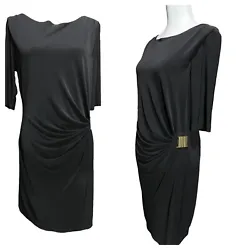 Tahari Size 12 Black Dress Draped Gold Buckle Waist Long Sleeve Stretch. Great preowned condition. See pictures for...