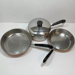 VTG Revere Ware Set 1801 4 Piece Copper Clad Bottom Pot w/ Lid & Frying Pans. Condition is 