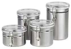 4 Piece canister set provides storage space for various foods. Made from durable stainless steel construction with a...