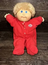 Vintage CPK Cabbage Patch Kids Doll Fuzzy blonde Hair Boy 1983 Red Jumper OK. T shirt underneath has discolorations and...