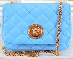 New with Tags Style: Quilted Tribute Bag Soft Quilted Blue Leather Golden Medusa Head Plaque Flap Snap Close Golden...
