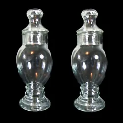 APOTHECARY JARS WITH. These 2 jars have a short pedestal stem, oval shaped bowl and lid. CLEAR GLASS OVAL BOWL. Holds 1...