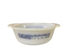 Glasbake Milk Glass Currier And Ives Casserole Dish By Jeanette Glass USA.
