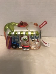 Scuba Santa beach camper surfboard pink flamingo Christmas ornament 4”x3”.
