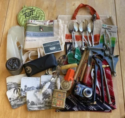 Oneida Midtowne silverware, coasters, tools, suncatcher, pewter trinket box, key chains, tote bag, and more.