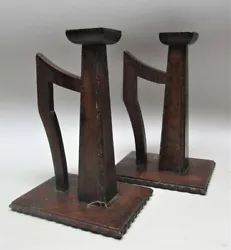 Up for your consideration is a fine pair of antique Arts & Crafts era candle holders, c. 1920s. They have hand-carved...