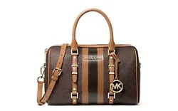 The Bedford satchel designed in a structure silhouette on MK Signature-print canvas with contrasting stripes for a...