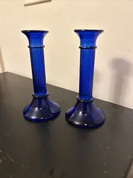 Beautiful pair of Cobalt Blue candle holders that measure 7” in height. In perfect condition. Pretty blue glass with...