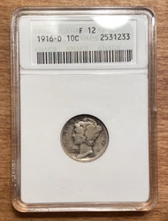 This is a 1916-D Mercury Dime that has been certified by ANACS with a grade of F12. The coin is made of silver and has...