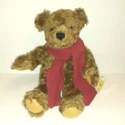 Made in Germany, Sunkid plush teddy bear is brown with red knit scarf and felt paws. 8