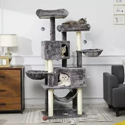 Arbre à chat solide avec de grands espaces de couchage et beaucoup de choses pour jouer et faire des griffes. - Placez...