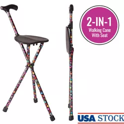 The Switch Sticks Seat Stick, Bubbles design, incorporates the support of a walking cane with a surface for resting....