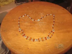 Amber Lucite Acrylic Bead Silver Tone Necklace.
