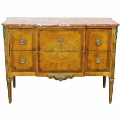 Antique French inlaid 2-drawer commode with bronze accents.