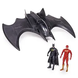 Open up the cockpit and place The Flash and Batman into the epic Batwing vehicle. Pull up the landing gear and get...