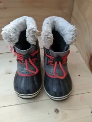 Sorel Unisex Kids Winter Snow Boots Gray Red Waterproof, Size 8.  In very good used condition. See images for...