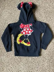 Cute Disney Parks Minnie Mouse hooded sweatshirt black with red ears & bow on hood size medium. Made of cotton/poly...