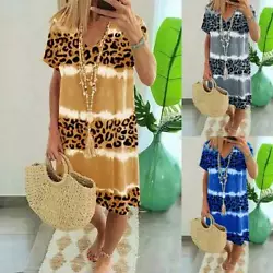Main Material：Polyester & Spandex. 1 x Piece of Dress. Feature：Sexy V Neck，Short Sleeve，Loose Flowy，Leopard...
