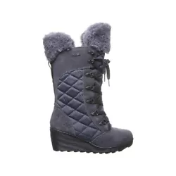BEARPAW Destiny Tall Wedge Boot. Walk tall in these cozy and wearable boots. Webbing tape trim detail. Exposed fur...